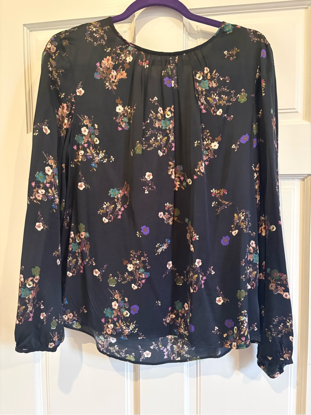 Massimo Dutti Navy Floral Pleated Neck Blouse